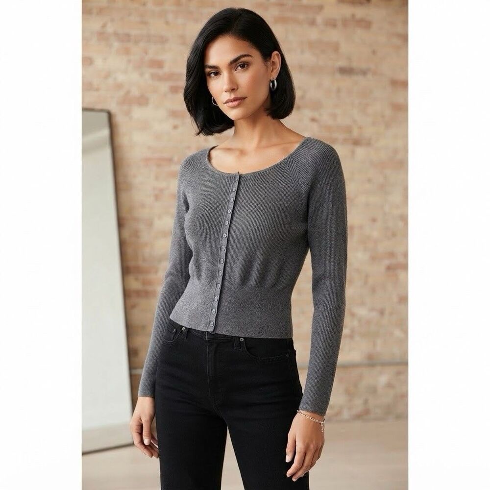 NWT House Of Harlow Merino Wool Cardigan L Gray Preppy Minimalist Quiet Luxury